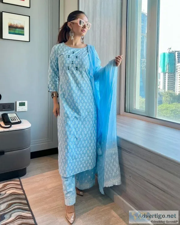 Cotton kurta, trouser & pant set with dupatta online - yufta