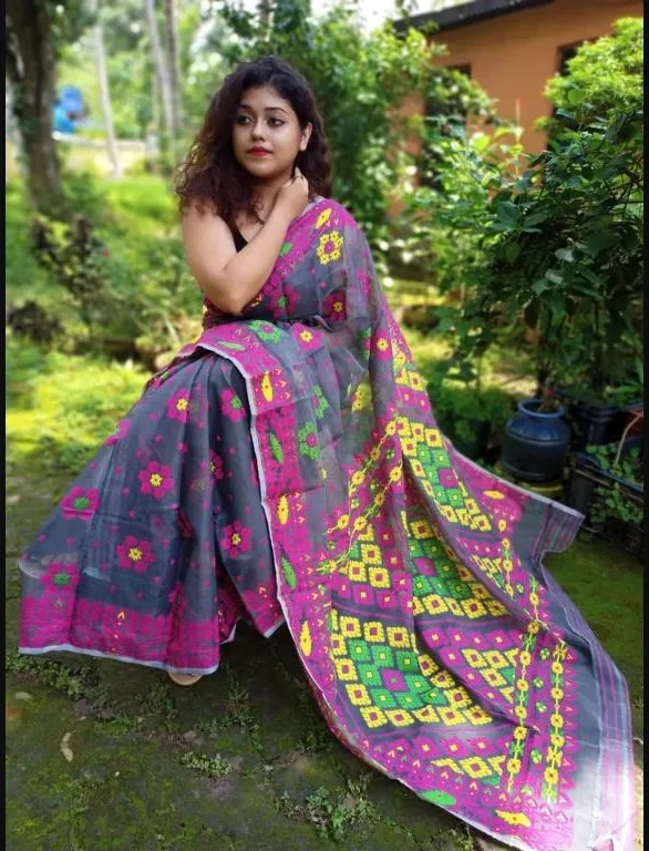 Exquisite handloom linen silk saree with jamdani buti design fab