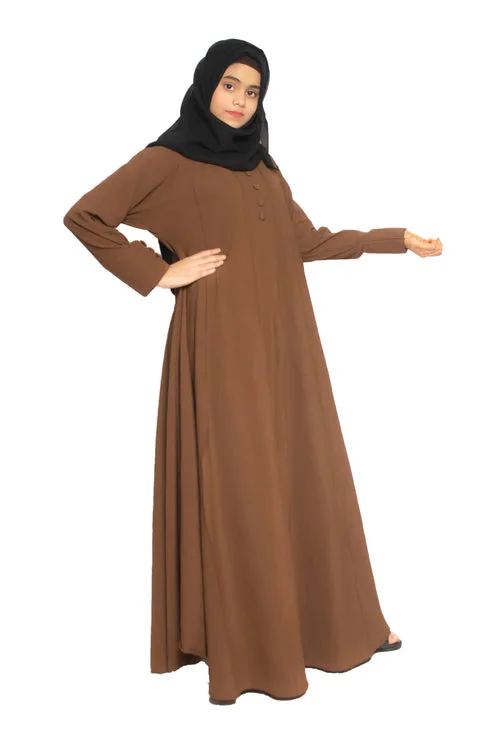 Buy modest city self design plain brown front 4 button abaya or 