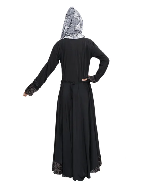 Buy a beautiful self design black lycra belt abaya with hijab