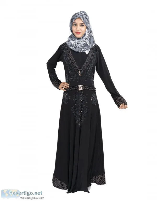 Buy a beautiful self design black lycra belt abaya with hijab