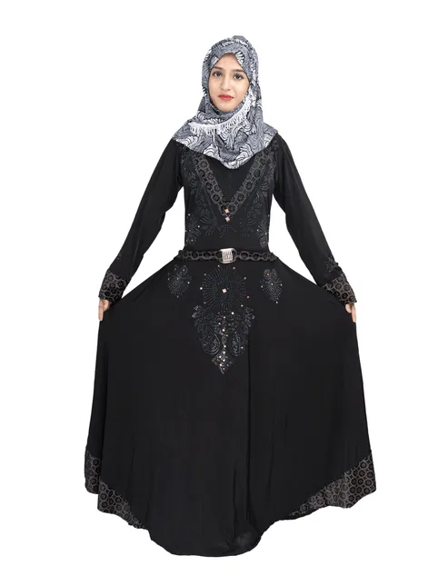 Buy a beautiful self design black lycra belt abaya with hijab