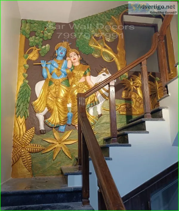Staircase radhakrishna with cow wall mural design from suncity