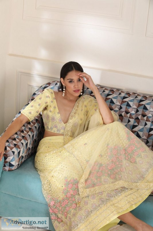 Mirror work fine net lemon colour lehenga