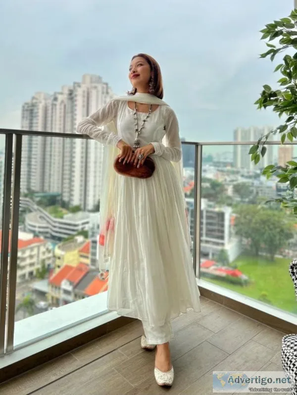 Designer handmade white anarkali dress for women online