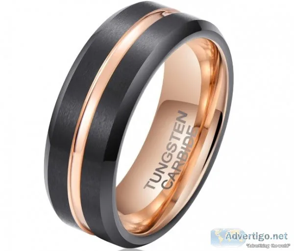 Men s tungsten ring - rose gold grovee brushed black tungsten