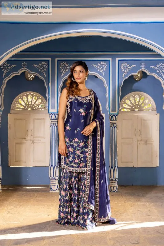 Navy blue georgette crepe sharara set - suruchi parakh