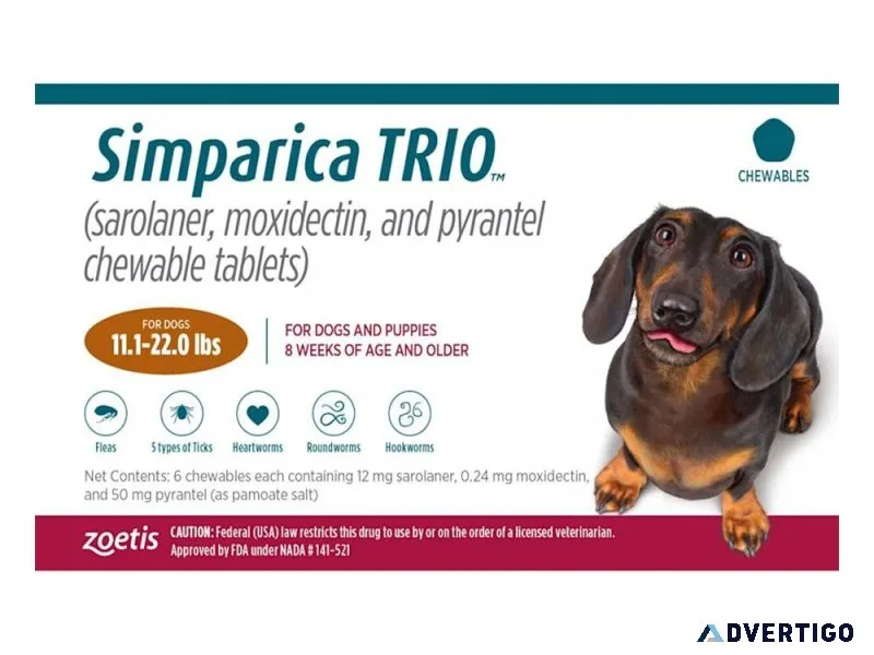 Buy Simparica TRIO for Dogs 11.1-22 lbs (Caramel) at Best Price