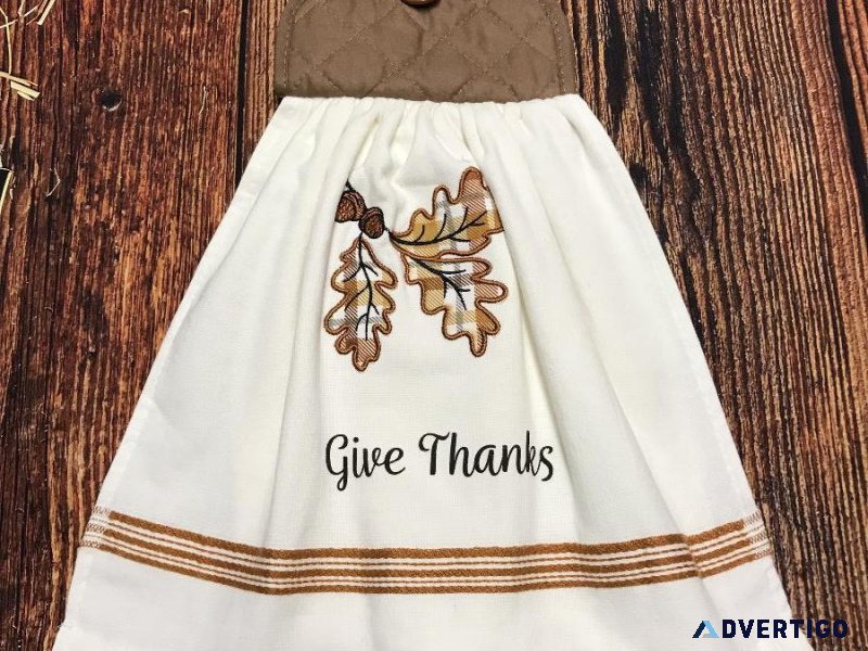 Give Thanks Embroidered Fall Leaves Kitchen Decor