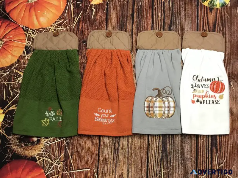 Brown and Gray Embroidered Pumpkin and Fall Kitchen Towels