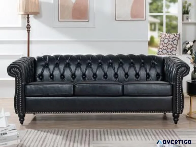 BLACK PU Rolled Arm Chesterfield Three Seater Sofa