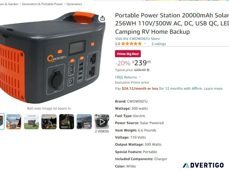 209.99 Portable Power Station 300W Solar Outdoor Generator