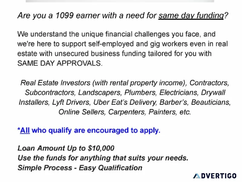 Are you a 1099 earner with a need for same day funding