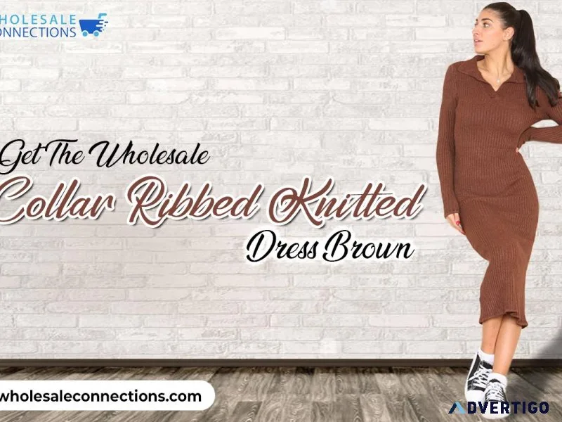 Get The Wholesale Collar Ribbed Knitted Dress Brown
