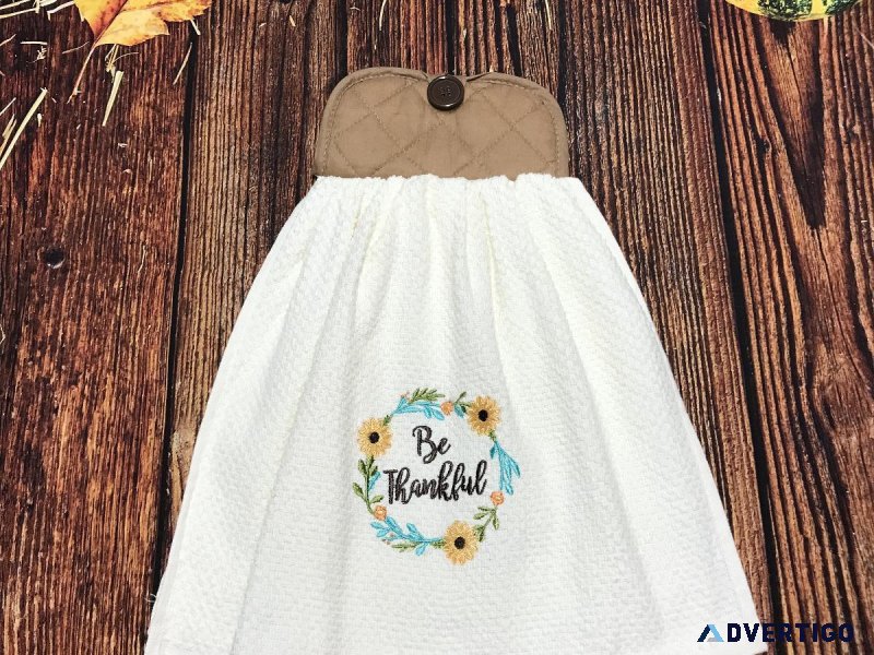 Be Thankful Fall Teal and Gold Wreath Kitchen Towels