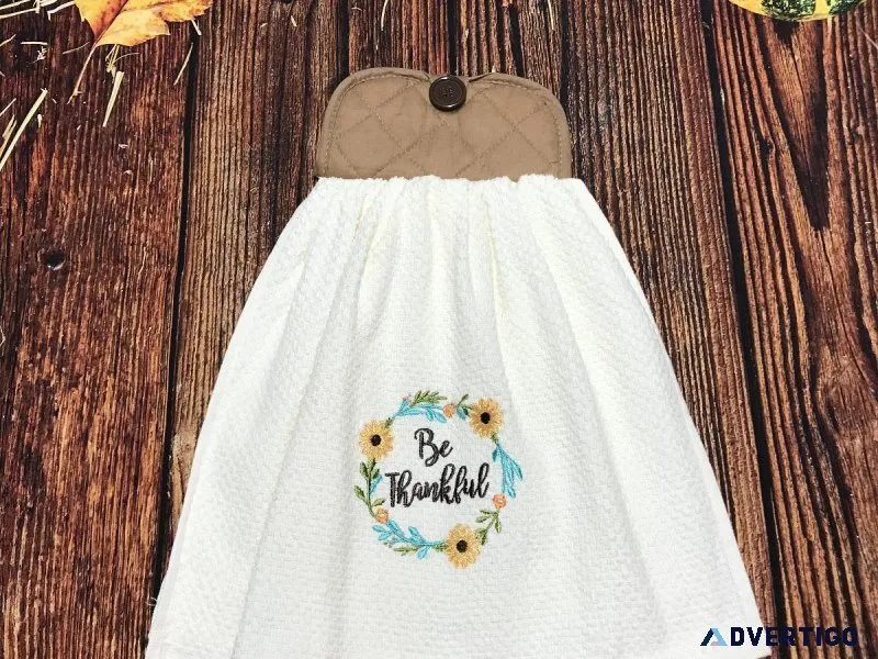 Be Thankful Fall Teal and Gold Wreath Kitchen Towels