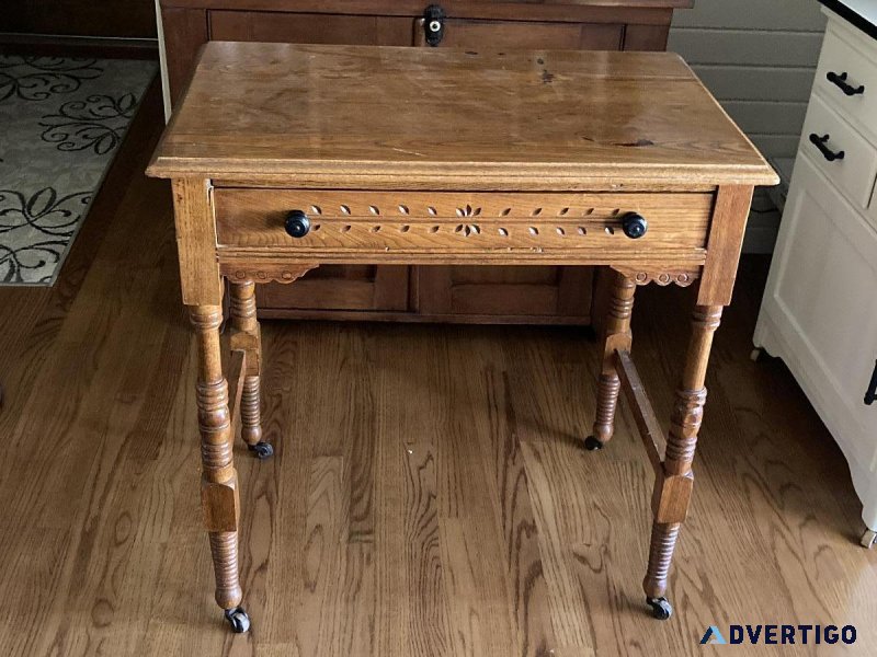 Antique wooden desk on metal wheels wooden chair 7 tulip lamp