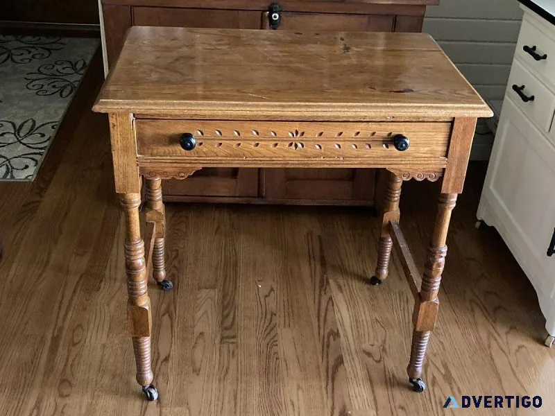 Antique wooden desk on metal wheels wooden chair 7 tulip lamp