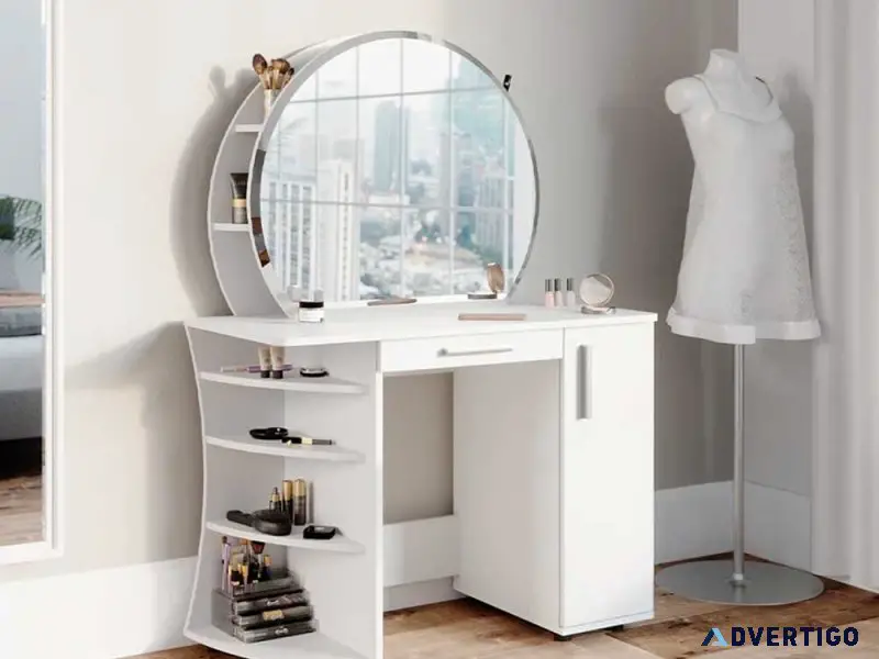 Modern bedroom dresser with round mirror