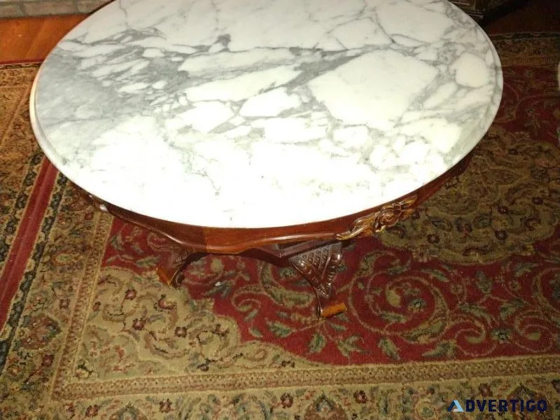 1945 marble top carved wood coffee table
