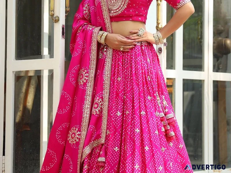 Bright pink bandhani printed gajji silk bridal lehenga -gc4466