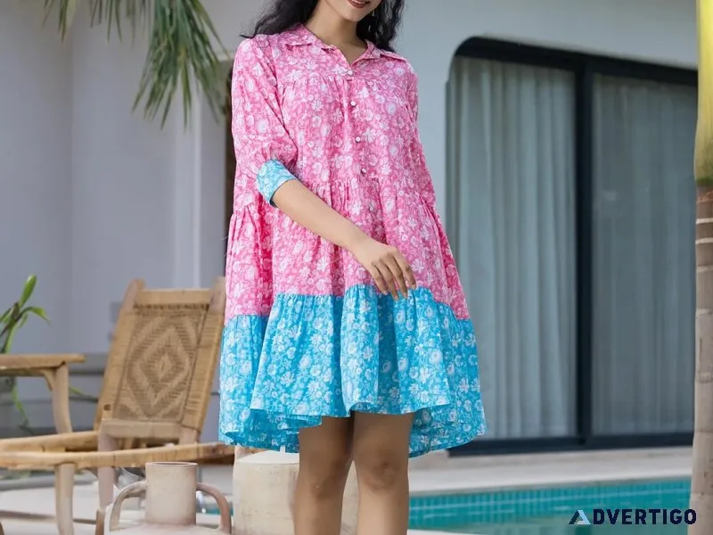Pink & sky blue pure cotton colour blocking dress