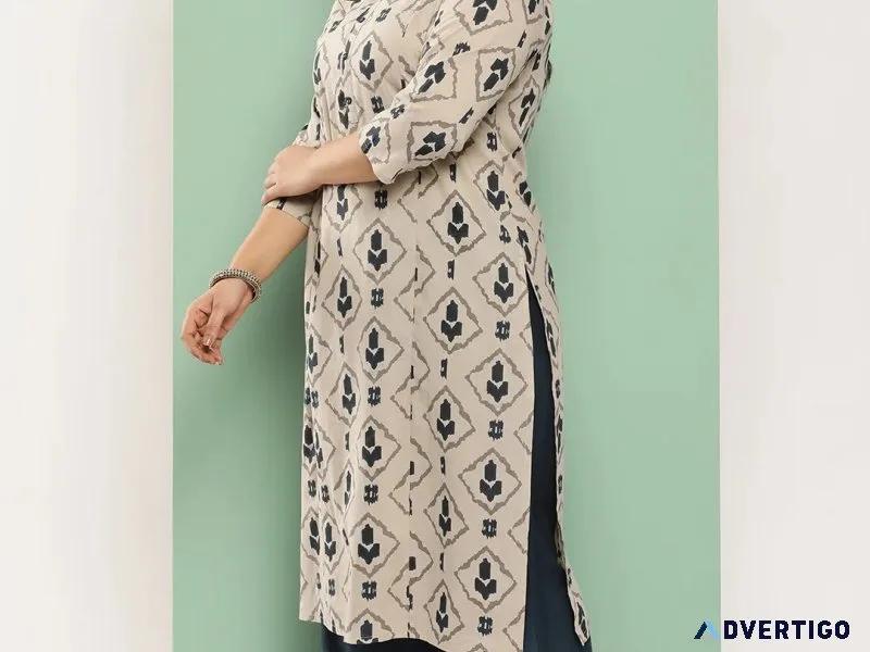 Beige & navy blue printed pure cotton plus size kurta