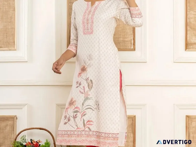 White cotton a-line kurta with digital print