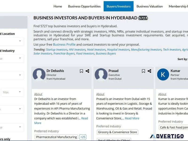 Connect with 5727+ top business investors in hyderabad