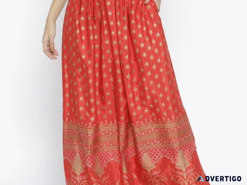 Myntra - global desi red printed gathered maxi skirt