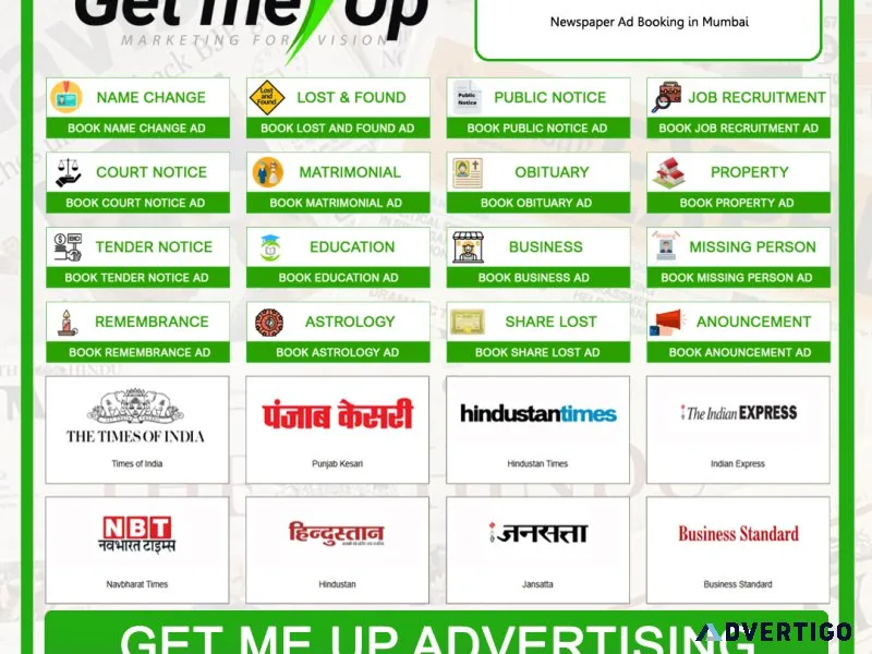 Newspaper ad agency in mumbai-get me up advertising 9810974532