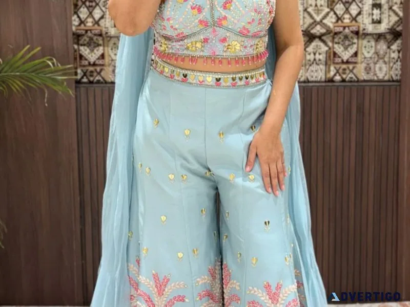 Elegant sky blue indo-western sharara set with floral embroidery