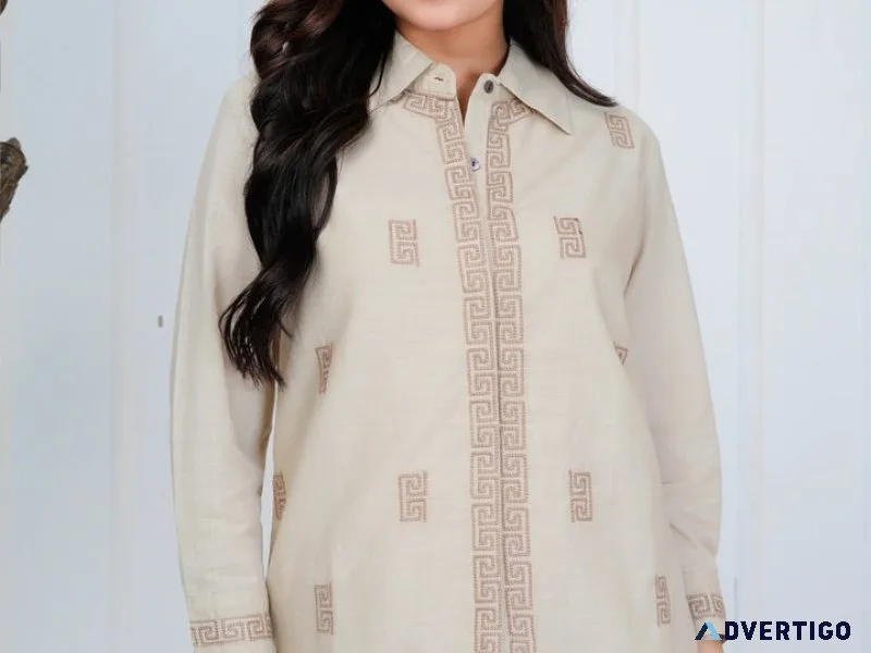 Beige slub cotton embroidered co-ord set for everyday elegance