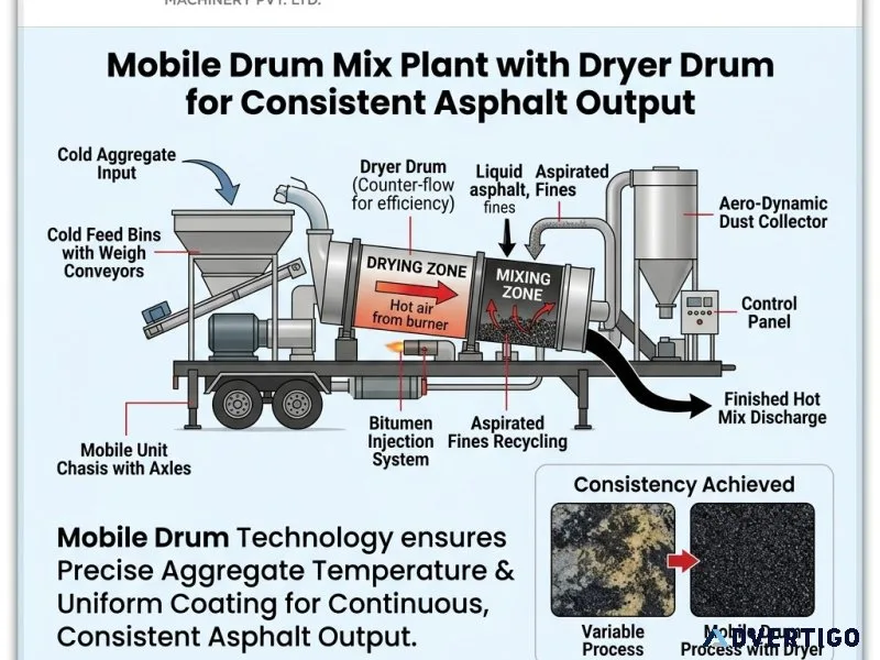 Mobile drum mix plant with dryer drum for consistent asphalt out