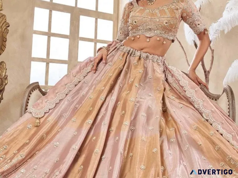 Tissue lehenga with zardozi work