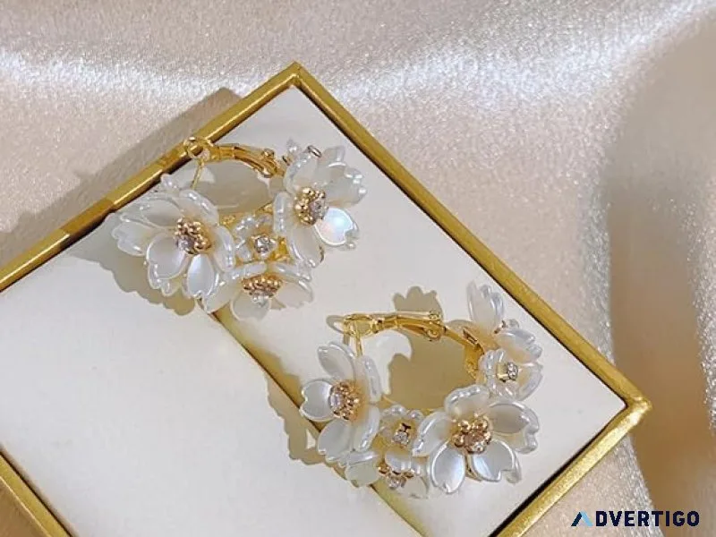 Romantic white flower statement hoop earrings
