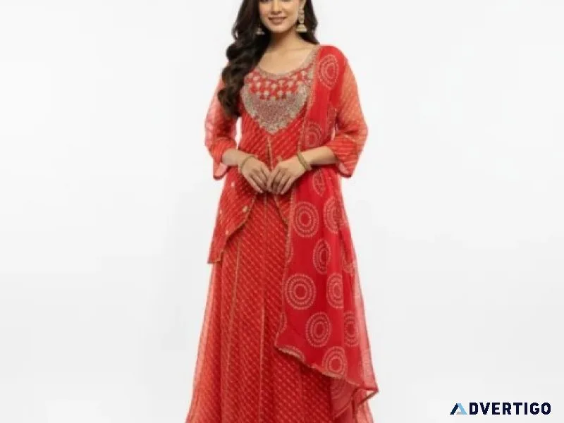 Orange bandhani dress set for women ethnic gown style rs 2199