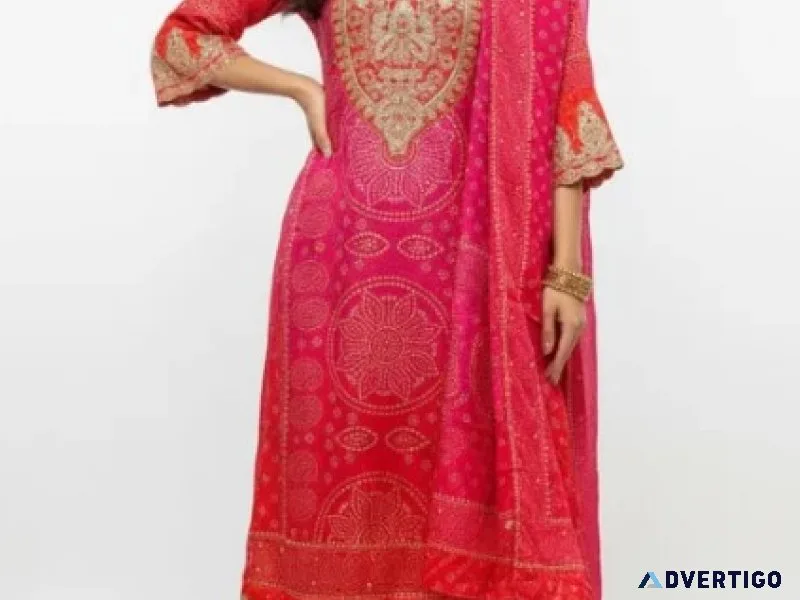 Pink red bandhej suit set partywear bandhani suit rs 2199