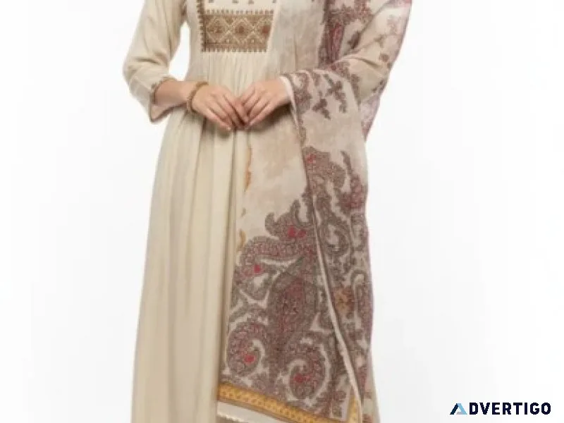 Beige printed dupatta kurta set minimal chic indian outfit at