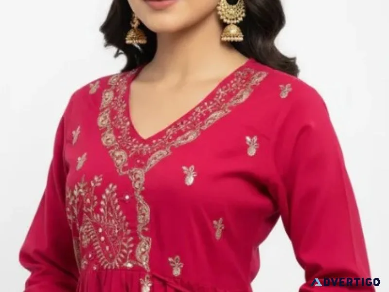 Rani pink partywear kurta set for women – elegant embroidered su