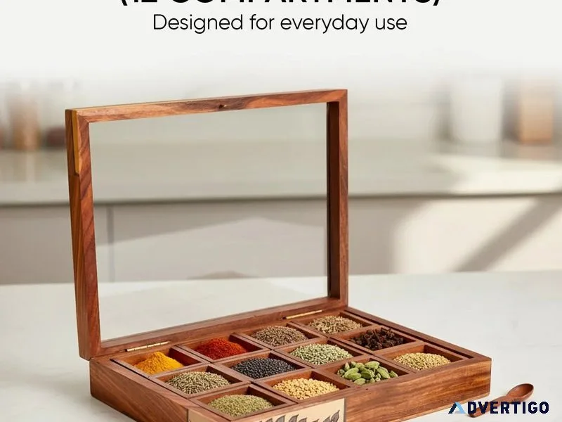 Handcrafted wooden spice box with 12 slots spoon