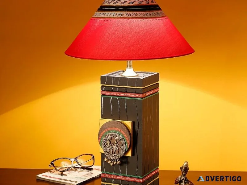 Handcrafted wooden table lamp with warli art design