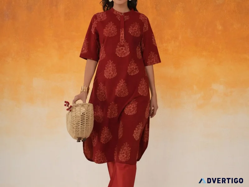 Red cotton kurta set for women elegant ethnic wear by world of