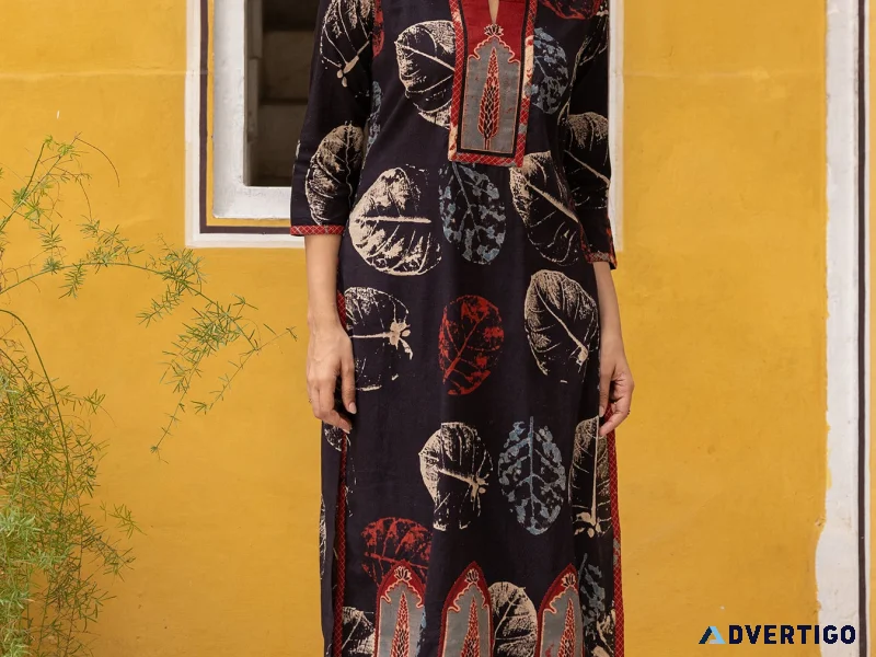 Ajrakh black abstract print kurta with patchwork