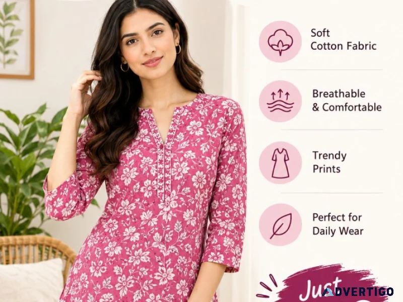 Pink pure cotton printed casual kurti for women