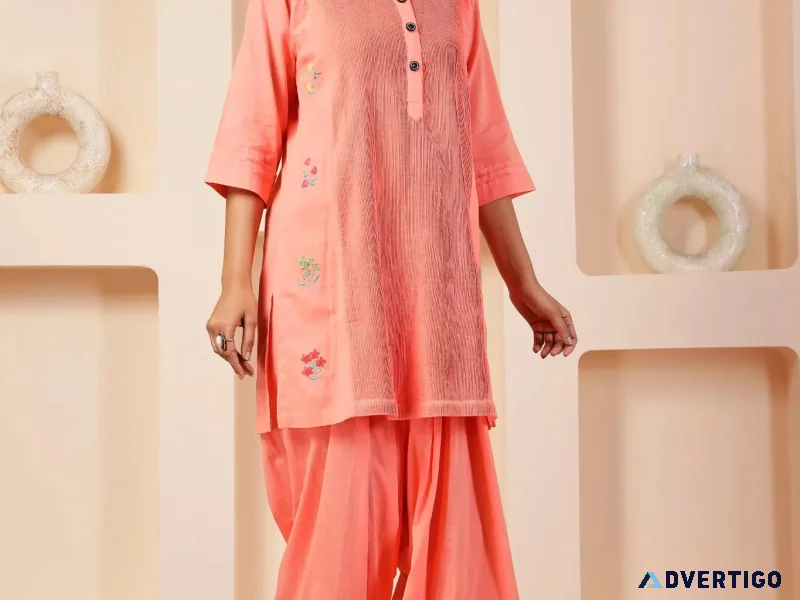 The vishnu store coral peach pintuck muslin farshi salwar