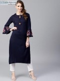 Navy Blue Solid Straight Kurta With Embroidery Sleeve