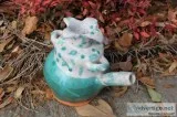 Green and White Teapot Folk Art Ceramics Functional Garden Kitch