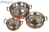 Nutristar Serving Dishes Steel Copper Handi Bowl with Glass Lid.