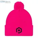 Neon Pink and Black Knit Pom Beanie with Embroidered Icon
